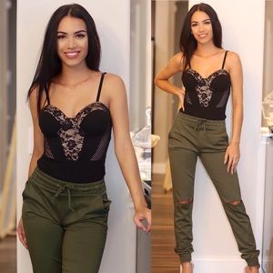 Bella Bustier Lace & Mesh Bodysuit ( Black )